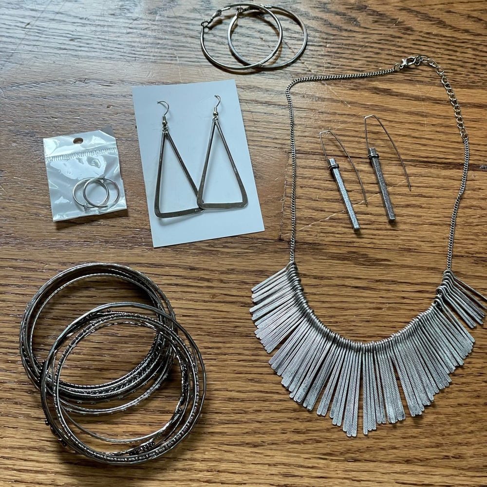 Silver Jewelry Bundle Necklace, Hoops, Earrings, Bangle Bracelet Stack